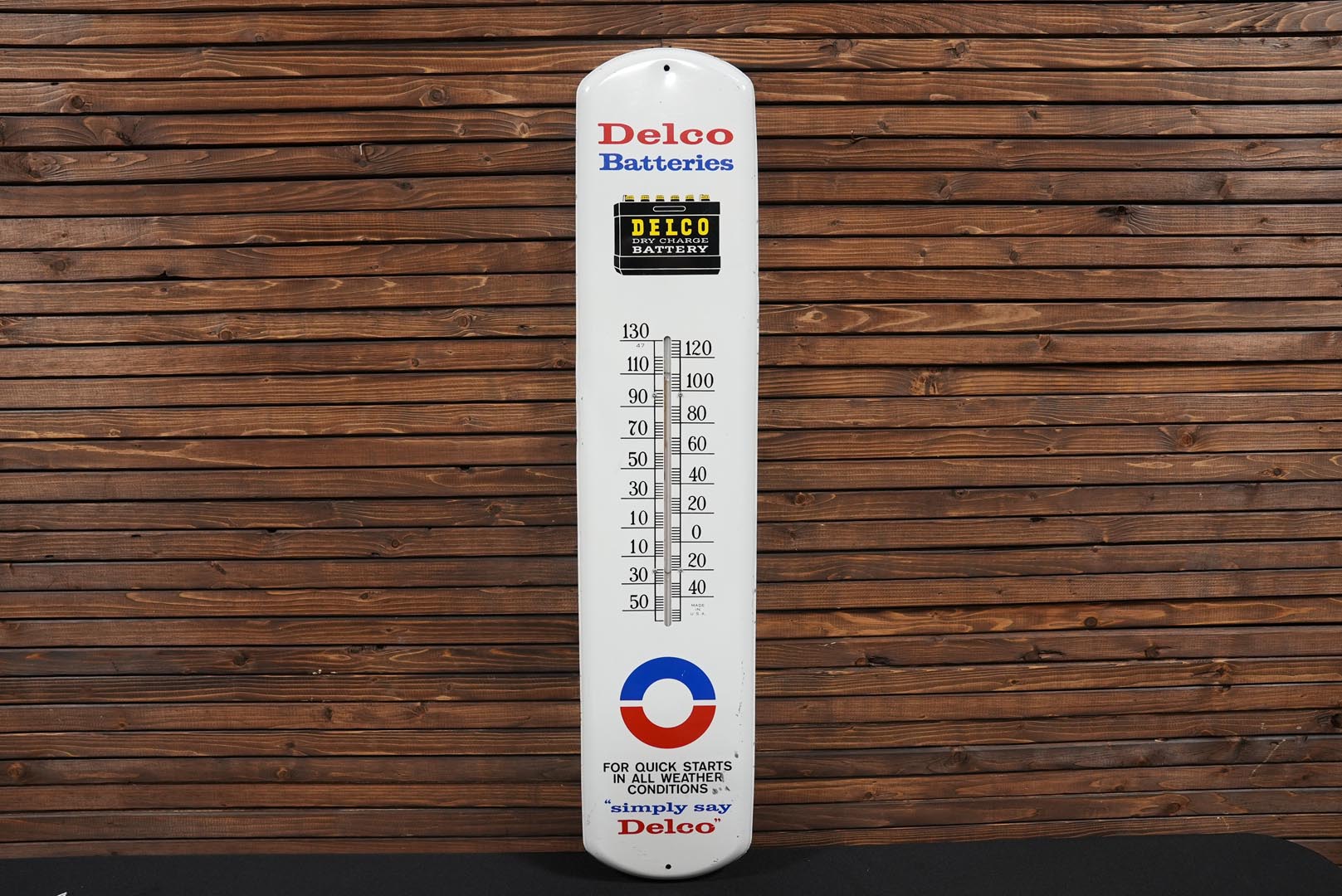 Delco Battery Advertising Enamel Thermometer
