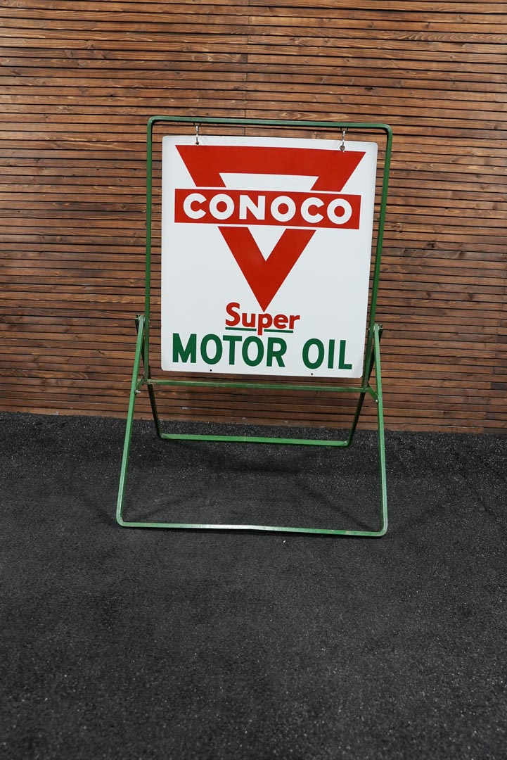 Original Conoco Super Motor Oil Double-Sided Porcelain Sign with Sidewalk Stand