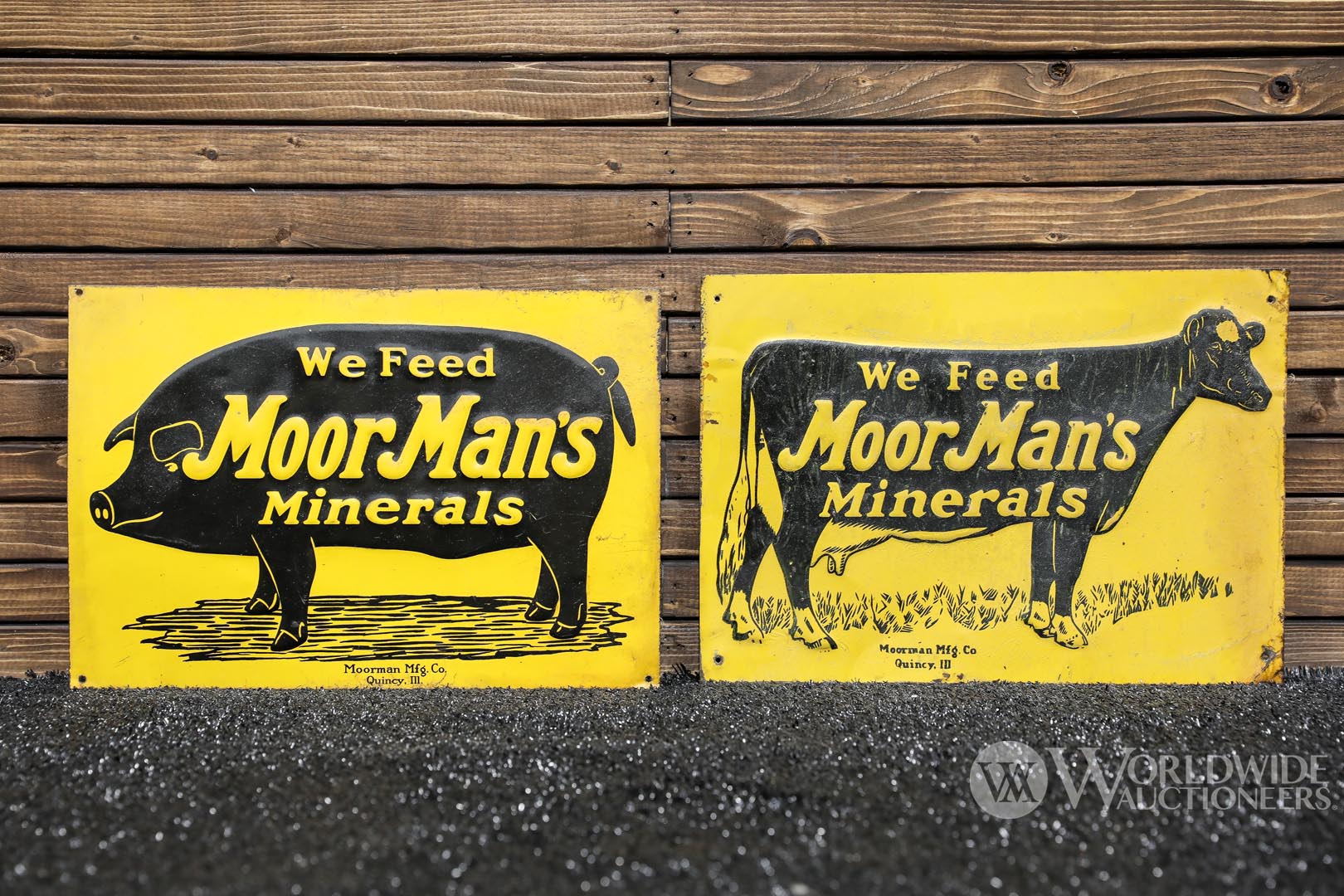 Two 1920s Moor Man's Minerals Livestock Feed Tin Signs