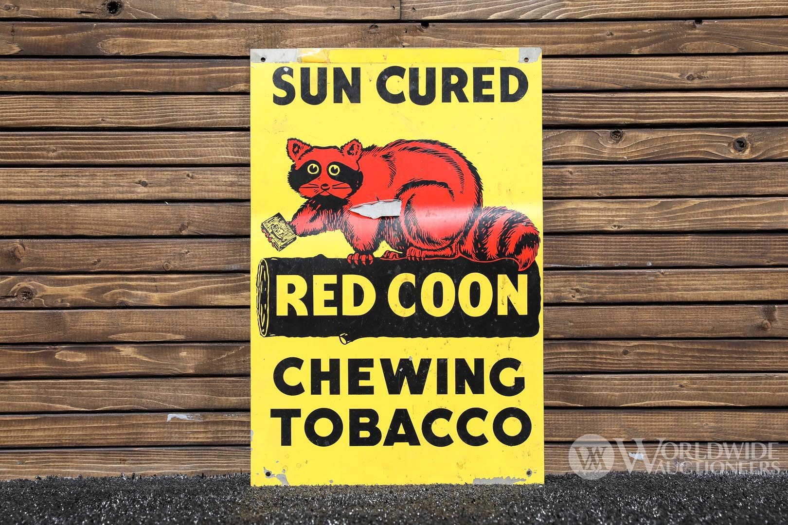1940s Sun Cured Red Coon Chewing Tobacco Tin Sign