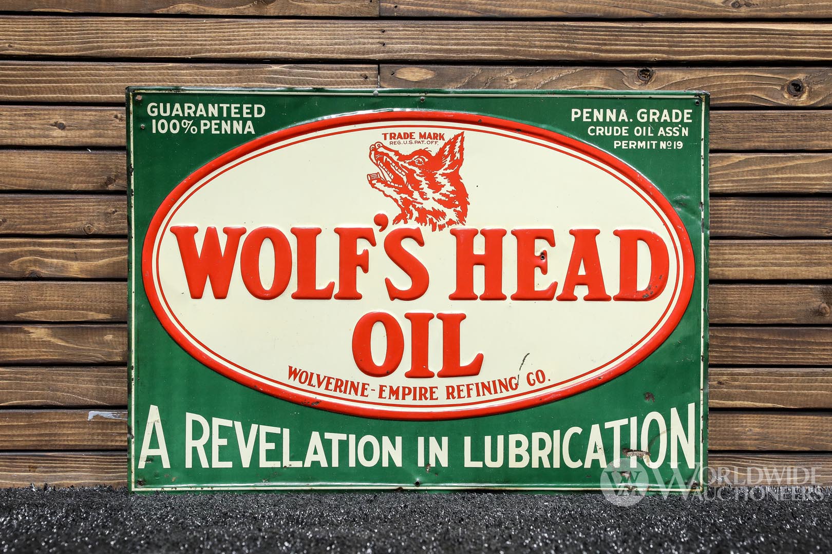 1940s Wolf's Head Oil Tin Sign