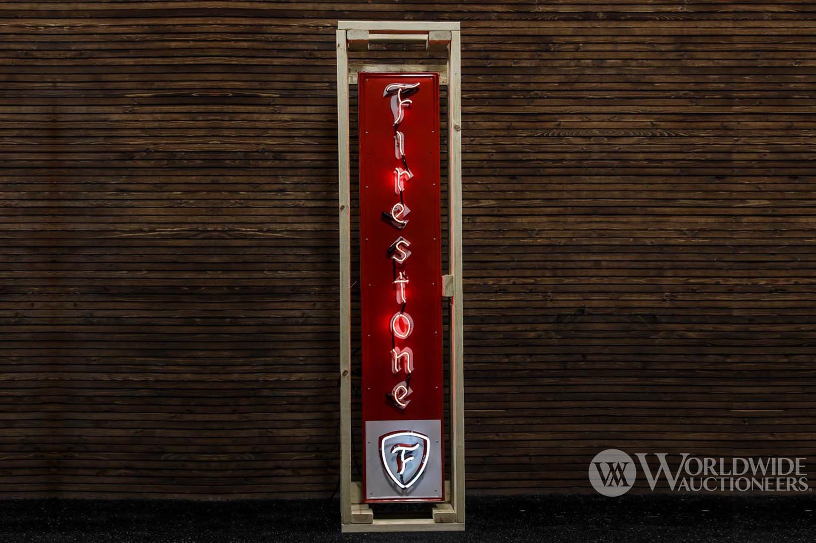 1950s Firestone Tires Vertical Single-Sided Tin and Neon Sign