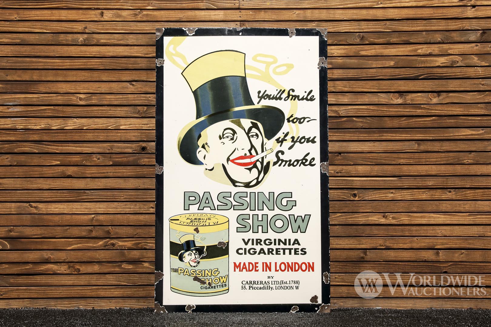 1920s Passing Show Virginia Cigarettes Single-Sided Porcelain Sign